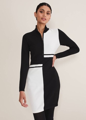 Phase Eight Arden Zip Detail Colourblock Tunic Dress Black/White USA | 0241386-MQ